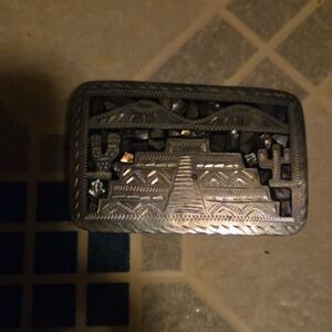 Silver Rectangular Belt Buckle with Cactus Design Mexican Mother Of Pearl In Lay